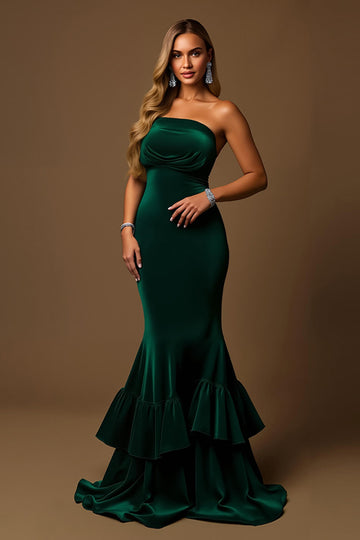 Mermaid Dark Green Strapless Velvet Holiday Dress With Ruffles